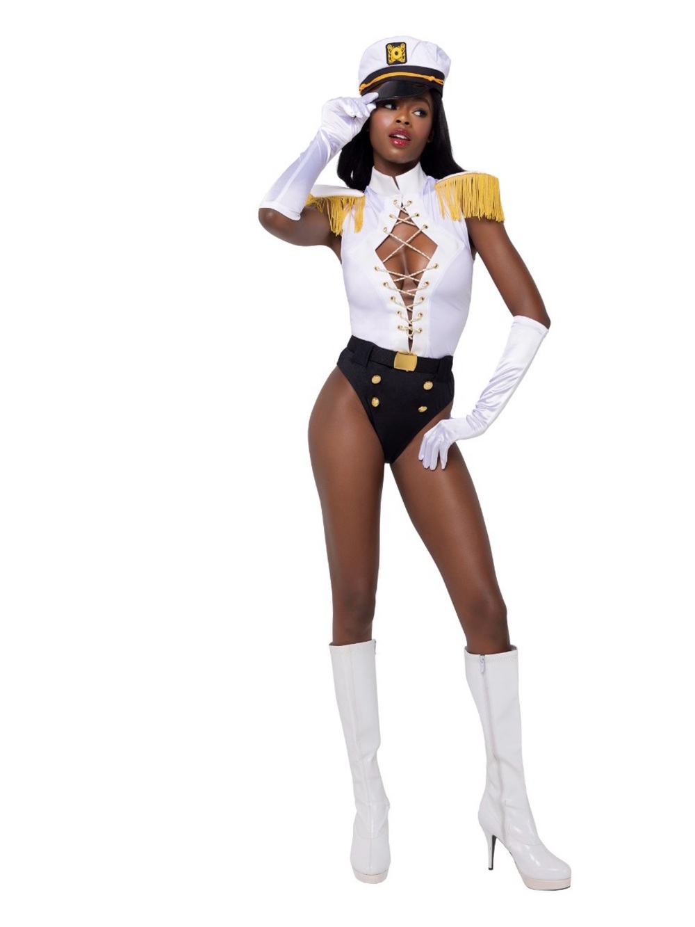 Halloween White & Black Nautical Fringe Sailor Captain Costume with Gold Accents